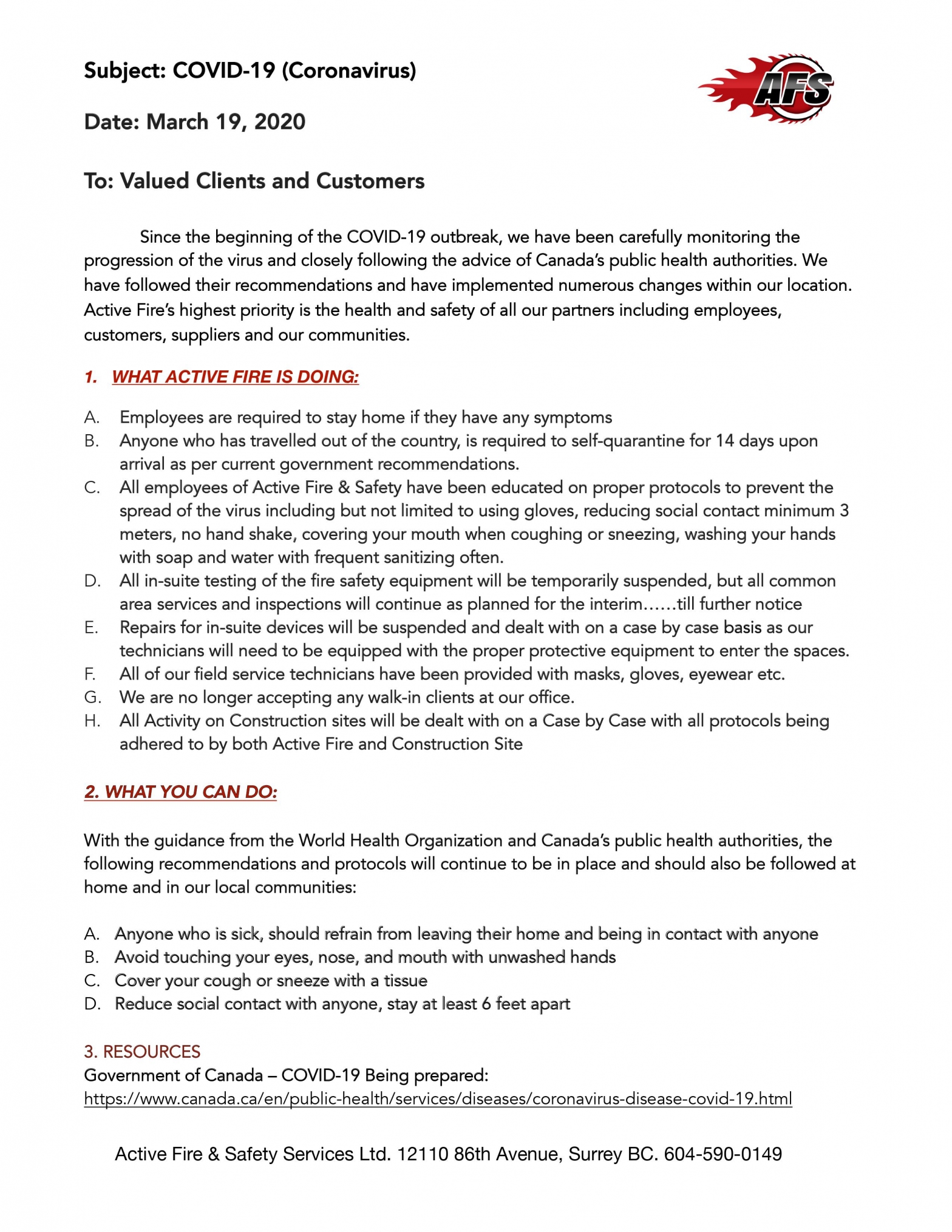 Active Fire Covid-19 Notice